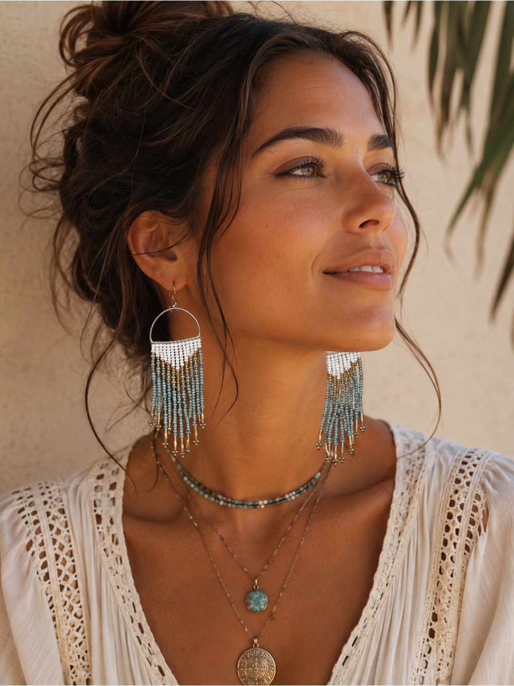 nOir Jewelry Beaded BoHo Dangle Earrings - White, Gold, and Blue